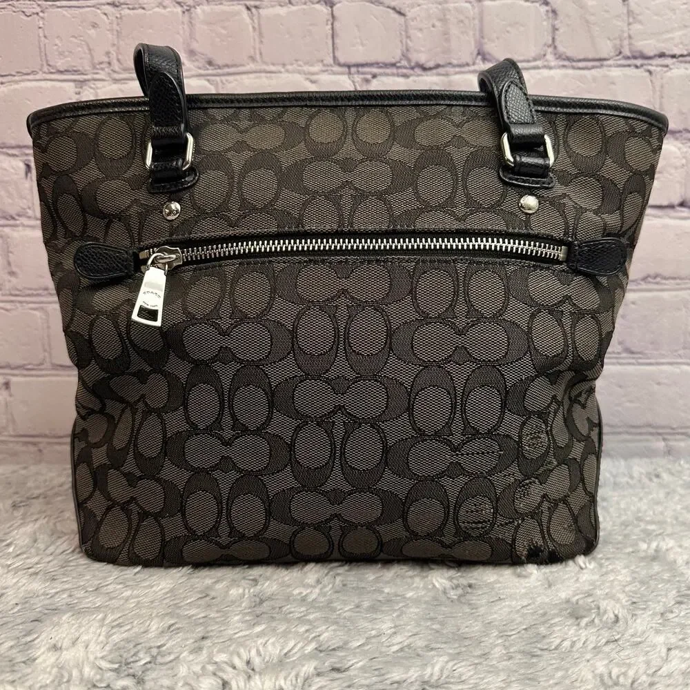 Coach Signature Monogram Canvas Tote Shoulder Bag Black & Gray Zip Closure